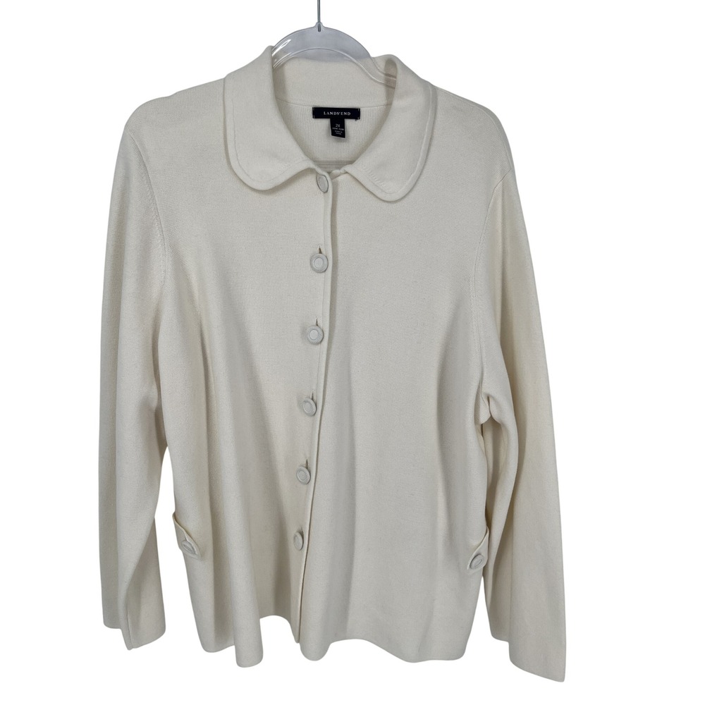 Lands End Womens 2X Ivory Supima Cotton Cardigan Peter Pan Collar Button Front